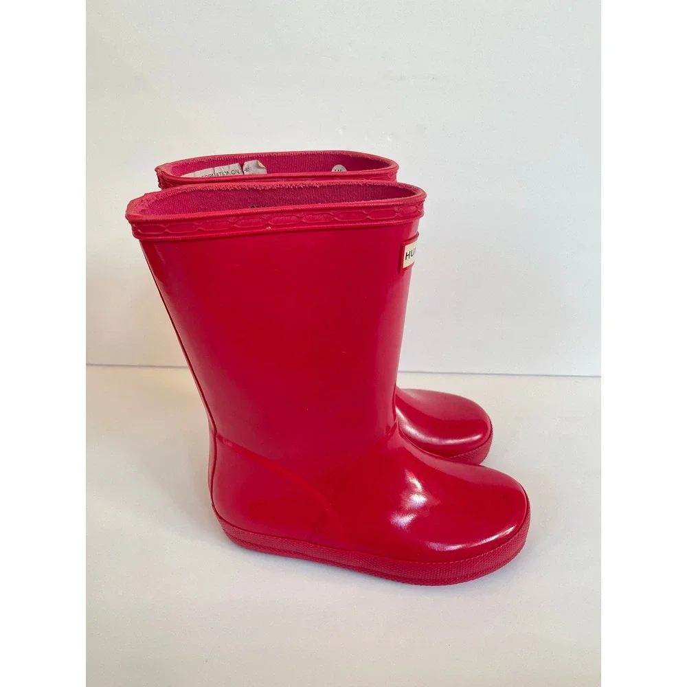 Hunter Kids First Gloss Rain Boots Bright Pink KFT5003RGL Size 11B/12G EU 28